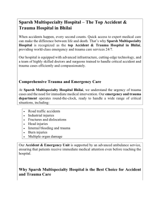 Sparsh Multispecialty Hospital – The Top Accident & Trauma Hospital in Bhilai