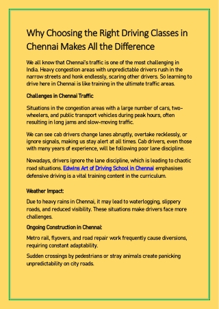 Why Choosing the Right Driving Classes in Chennai Makes All the Difference