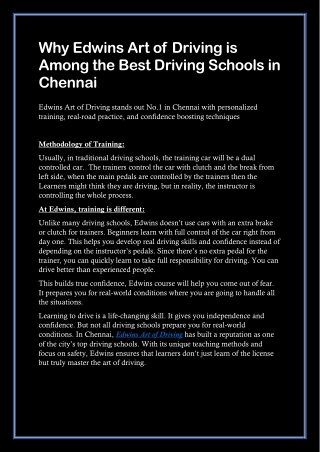 Why Edwins Art of Driving is Among the Best Driving Schools in Chennai