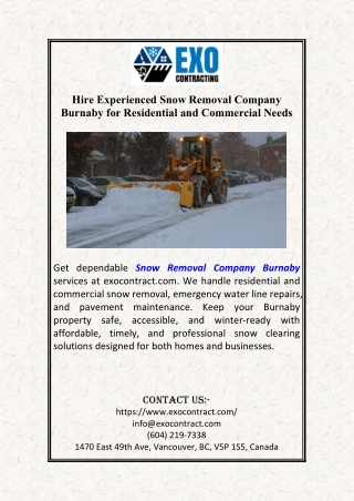 Hire Experienced Snow Removal Company Burnaby for Residential and Commercial Needs
