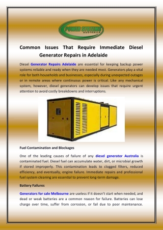Common Issues That Require Immediate Diesel Generator Repairs in Adelaide