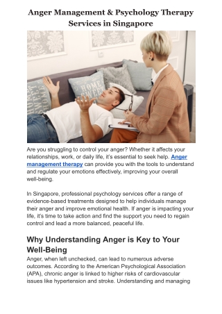 Anger Management & Psychology Therapy Services in Singapore