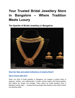 Your Trusted Bridal Jewellery Store in Bangalore – Where Tradition Meets Luxury