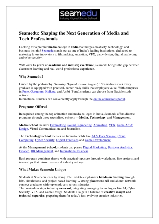 Seamedu: Shaping the Next Generation of Media and  Tech Professionals