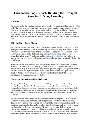 Foundation Stage School: Building the Strongest Start for Lifelong Learning