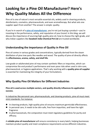 Looking for a Pine Oil Manufacturer? Here's Why Quality Makes All the Difference