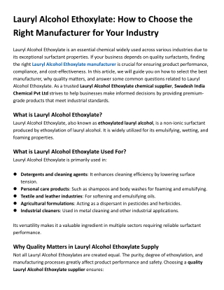 Lauryl Alcohol Ethoxylate How to Choose the Right Manufacturer for Your Industry