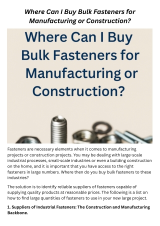 Where Can I Buy Bulk Fasteners for Manufacturing or Construction
