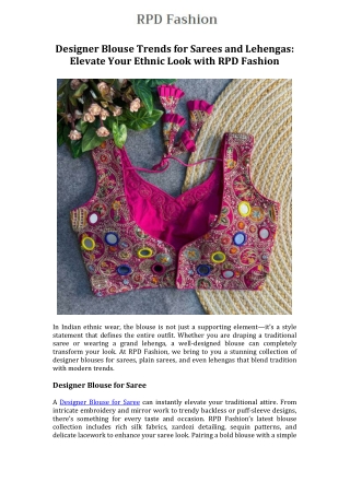 Designer Blouse Trends for Sarees and Lehengas Elevate Your Ethnic Look with RPD Fashion