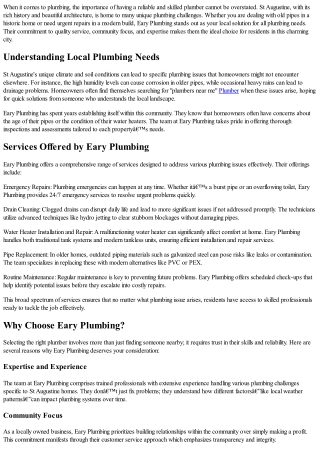 Eary Plumbing: Your Local Solution for Plumbing Needs in St Augustine