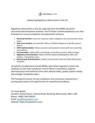 Addressing Regulatory Observations Services in UK