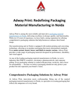 Adway Print: Trusted Packaging Material Manufacturers in Noida