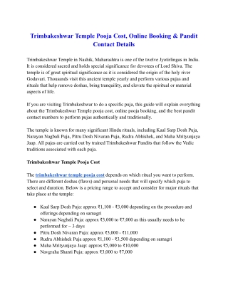 Trimbakeshwar Temple Pooja Cost, Online Booking & Pandit Contact Details