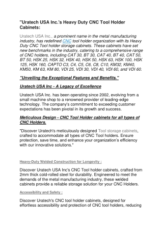 Uratech USA Inc.'s Heavy Duty CNC Tool Holder Cabinets: