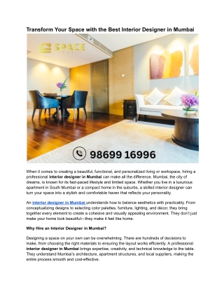 Transform Your Space with the Best Interior Designer in Mumbai