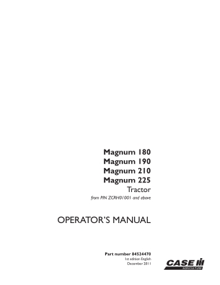 Case IH Magnum 180 Magnum 190 Magnum 210 Magnum 225 Tractors (Pin.ZCRH01001 and above) Operator’s Manual Instant Downloa