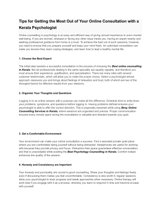 Tips for Getting the Most Out of Your Online Consultation with a Kerala Psychologist