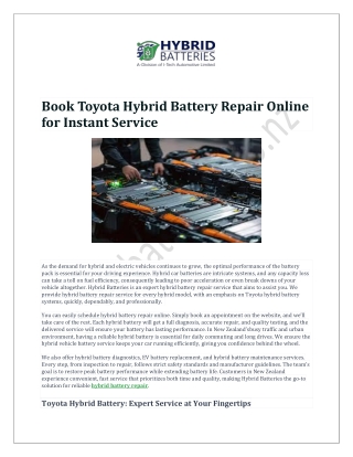 Book Toyota Hybrid Battery Repair Online for Instant Service