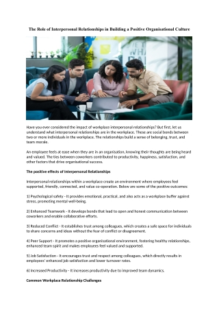 The Role of Interpersonal Relationships in Building a Positive Organisational Culture