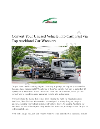 Convert Your Unused Vehicle into Cash Fast via Top Auckland Car Wreckers