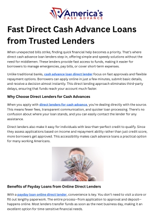 Fast Direct Cash Advance Loans from Trusted Lenders