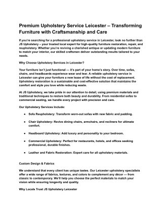 Premium Upholstery Service Leicester – Transforming Furniture with Craftsmanship and Care