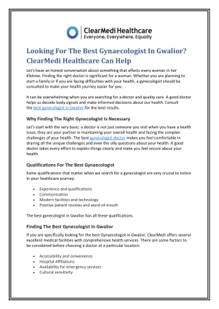 Looking For The Best Gynaecologist In Gwalior ClearMedi Healthcare Can Help