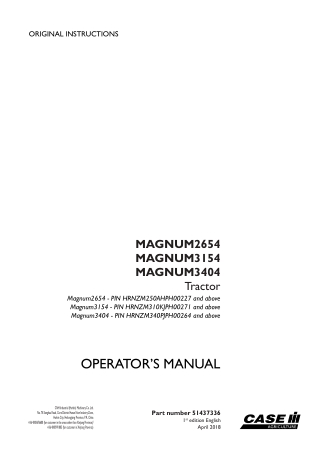 Case IH Magnum 2654 Magnum 3154 Magnum 3404 Tractor Operator’s Manual Instant Download (Publication No.51437336)