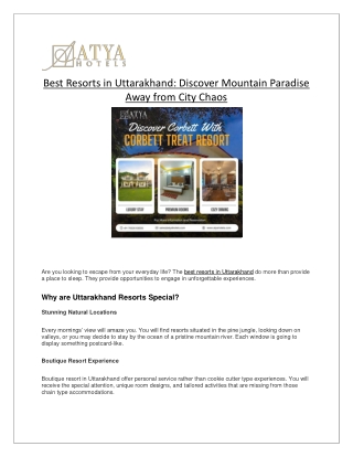 Best Resorts in Uttarakhand - Atya Hotels