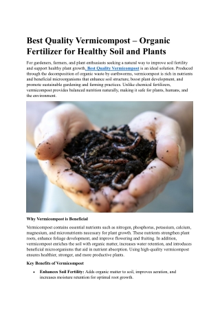 Best Quality Vermicompost – Organic Fertilizer for Healthy Plants