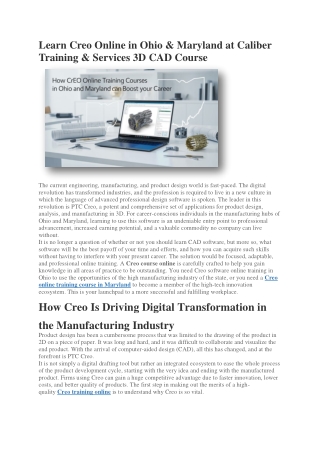 Learn Creo Online in Ohio & Maryland at Caliber Training & Services 3D CAD Cours