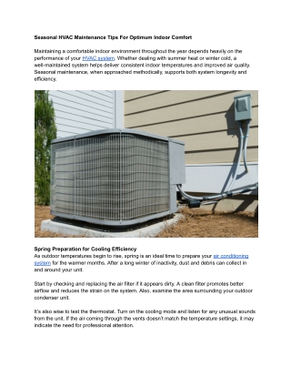 Seasonal HVAC Maintenance Tips For Optimum Indoor Comfort