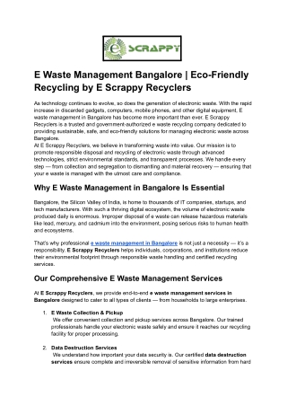 E Waste Management Bangalore _ Eco-Friendly Recycling by E Scrappy Recyclers