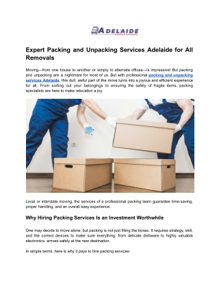 Expert Packing and Unpacking Services Adelaide for All Removals