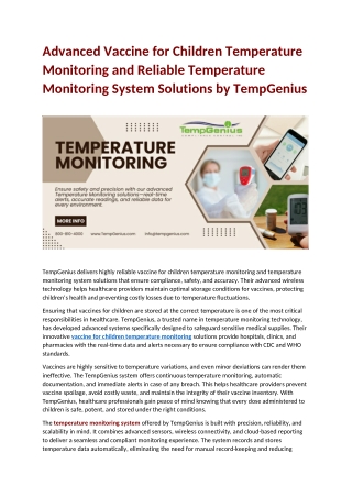 Advanced Vaccine for Children Temperature Monitoring and Reliable Temperature Monitoring System Solutions by TempGenius