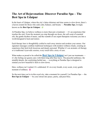 The Art of Rejuvenation: Discover Paradise Spa – The Best Spa in Udaipur