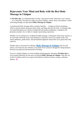 Rejuvenate Your Mind and Body with the Best Body Massage in Udaipur