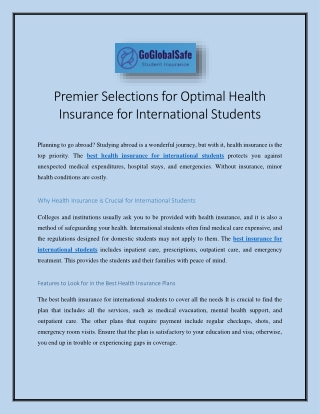 Premier Selections for Optimal Health Insurance for International Students