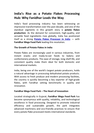 Top Potato Flakes Processor in India Fanidhar Mega Food Park