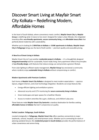 Mayfair Smart City Kolkata – Affordable Smart Living Apartments by Mayfair Group