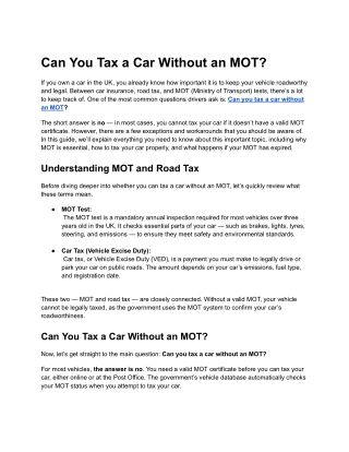 Tax A Car With Out An MOT_