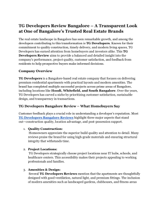 TG Developers Review Bangalore – A Transparent Look at One of Bangalore’s Trusted Real Estate Brands