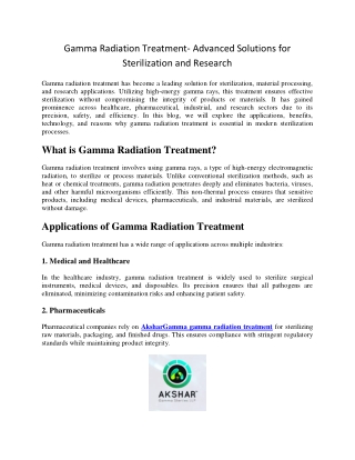 Gamma Radiation Treatment- Advanced Solutions for Sterilization and Research