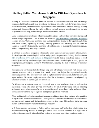 Finding Skilled Warehouse Staff for Efficient Operations in Singapore