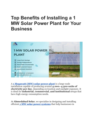 Top Benefits of Installing a 1 MW Solar Power Plant for Your Business
