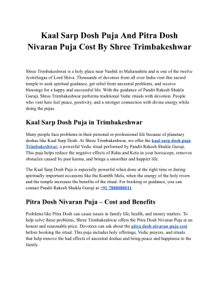 Kaal Sarp Dosh Puja And Pitra Dosh Nivaran Puja Cost By Shree Trimbakeshwar