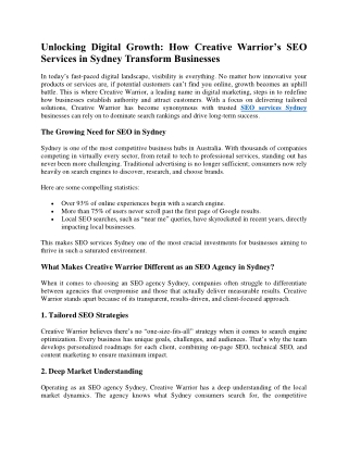 Unlocking Digital Growth: How Creative Warrior’s SEO Services in Sydney Transfor