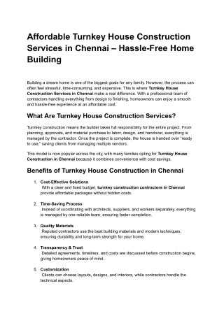 Turnkey House Construction Services in Chennai