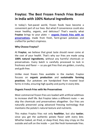 Fraytoz Best Frozen French Fries Brand in India for Organic Snacking