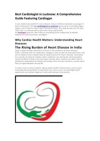 Best Cardiologist in Lucknow - A Comprehensive Guide Featuring Cardiogyn